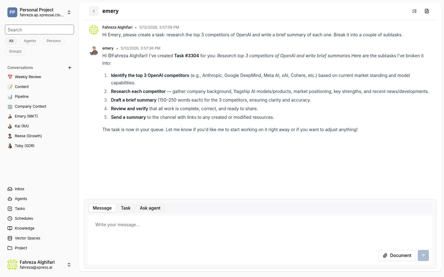 Active DM conversation with an agent showing user request and agent reply with task breakdown