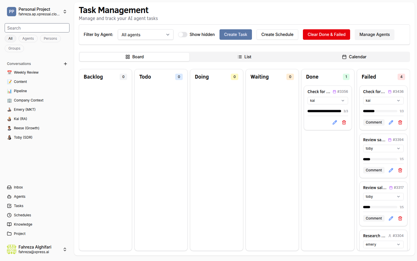 Tasks kanban board with status columns (Backlog, Todo, Doing, Waiting, Done)