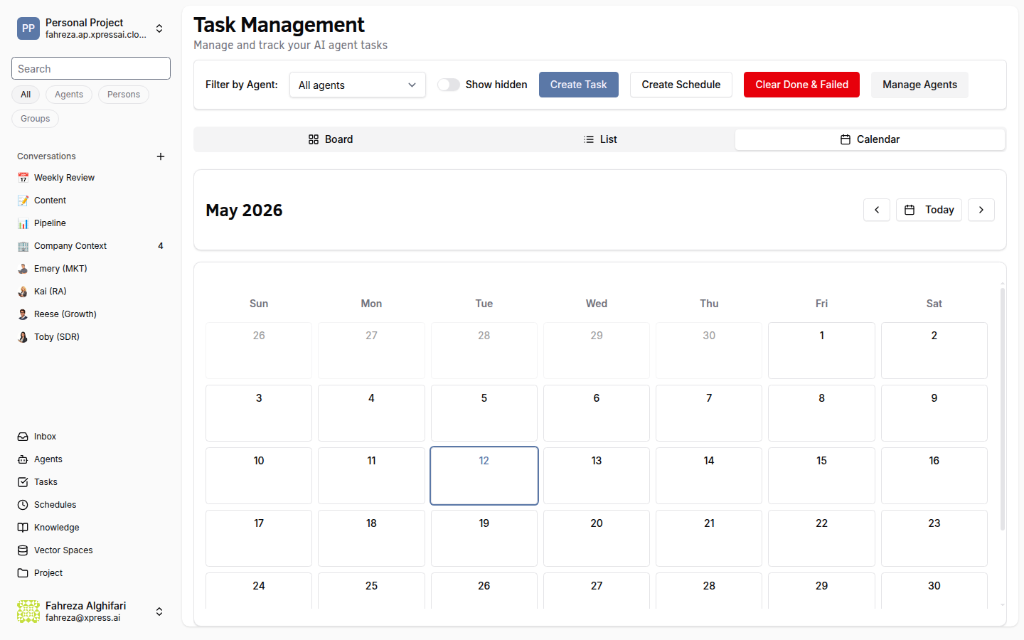 Tasks calendar view showing the current month with day cells for task scheduling