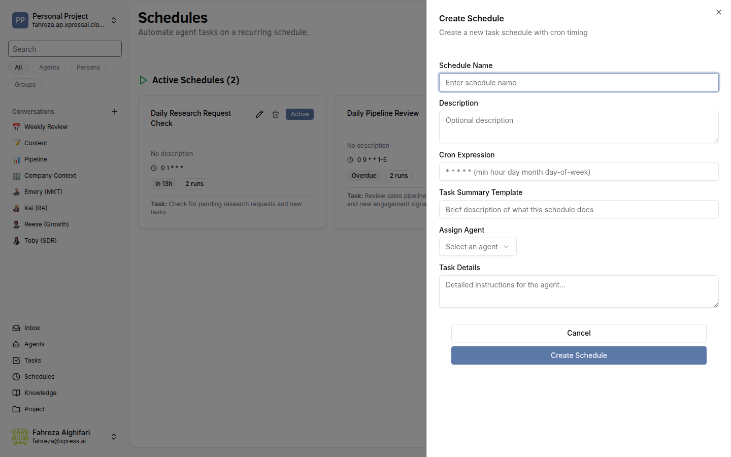 Create schedule drawer with name, description, cron expression, agent assignment, and task details