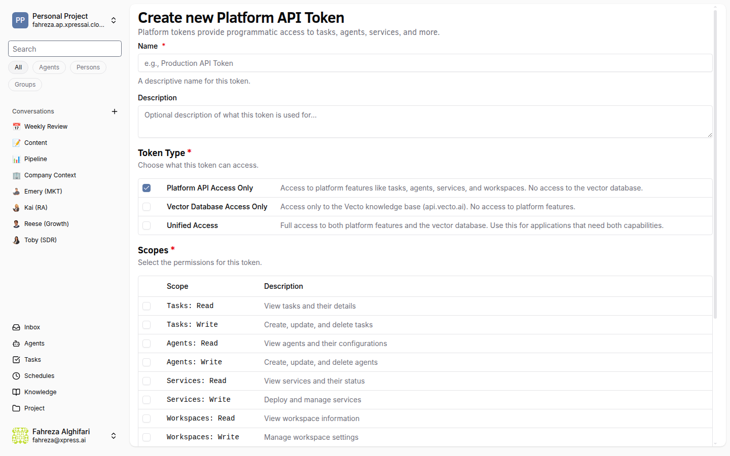 Create platform token form with name and scope inputs