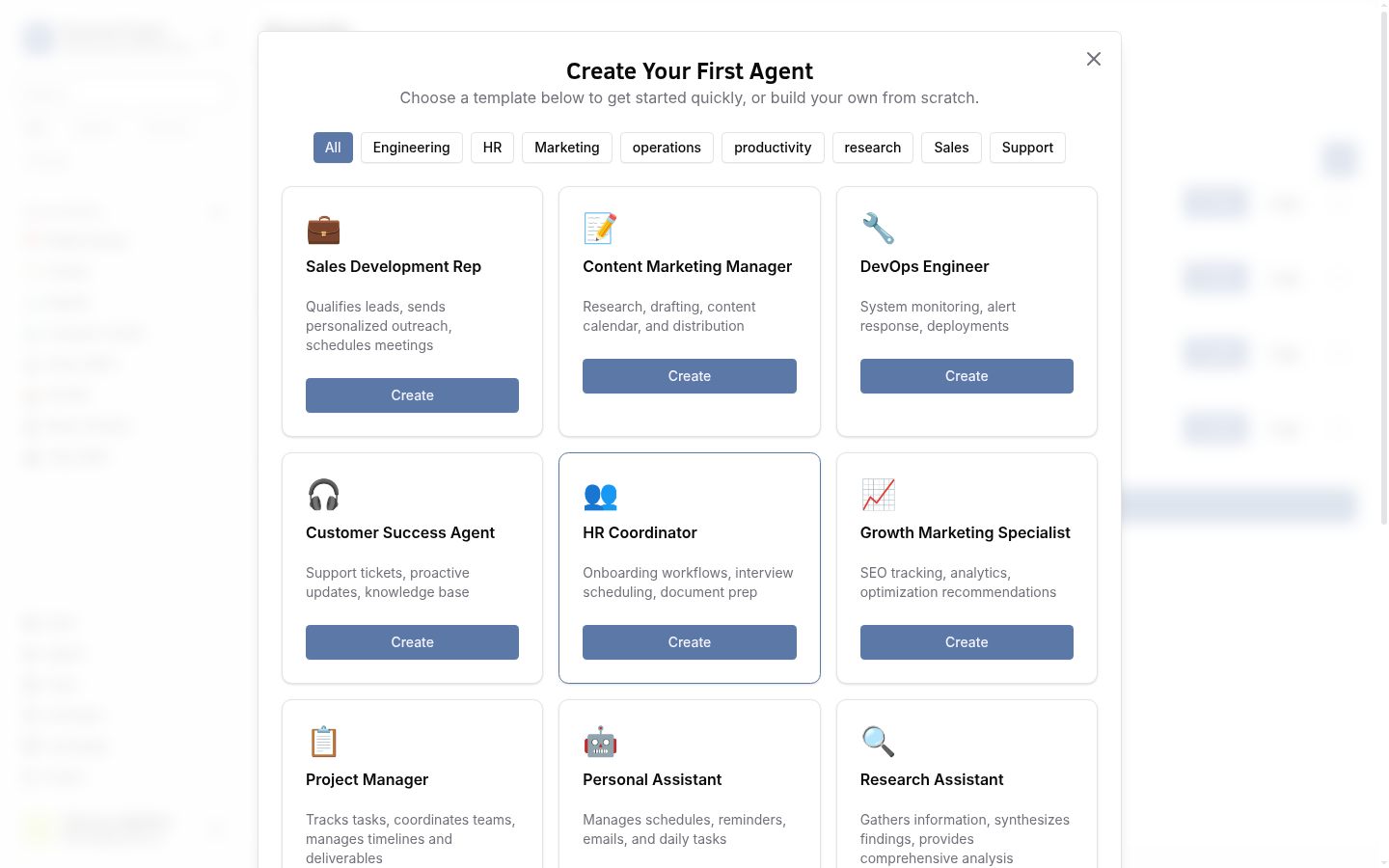 Create-agent form opened from the Agents page
