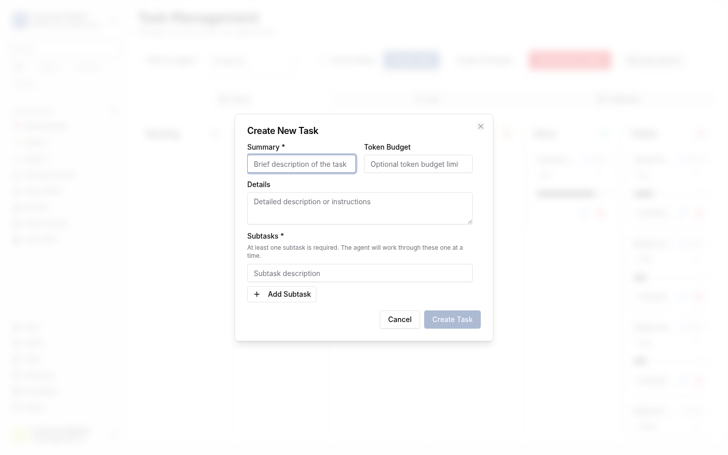 Create-task form with summary, details, and steps fields