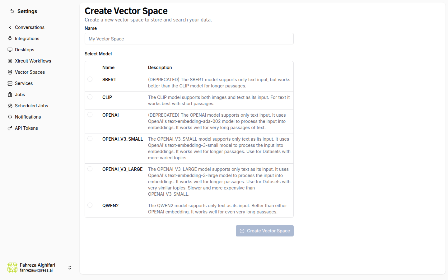 Create vector space form with name and embedding model selection