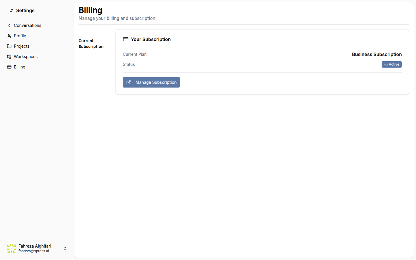 Billing page showing your current subscription with Manage Subscription button