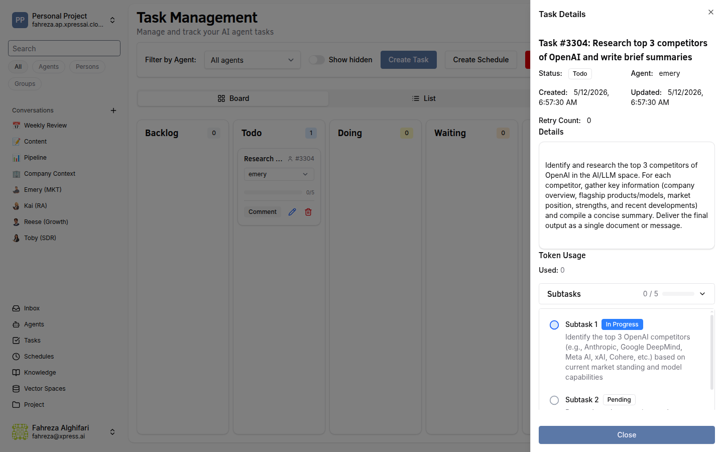Task Details drawer showing description, status, agent, token usage, and per-subtask progress
