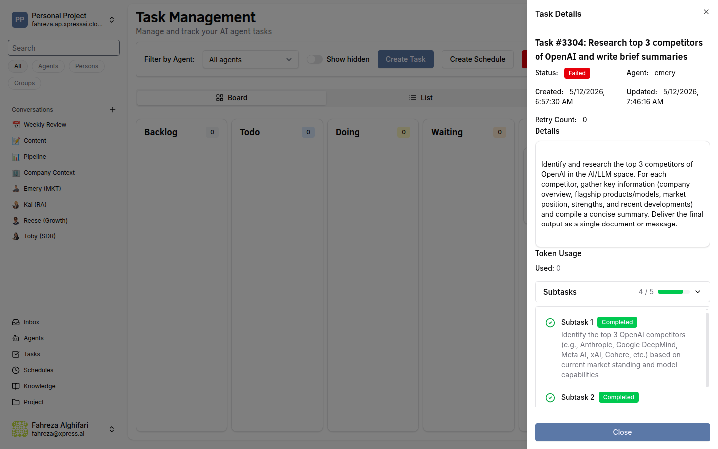 Task Details drawer for a Failed task with Completed subtasks visible (partial success)