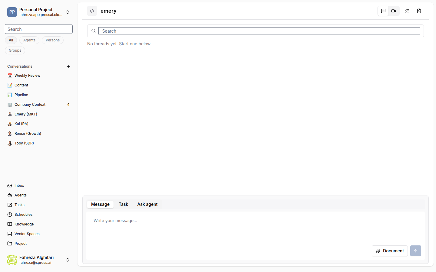 Direct-message conversation view for an agent with Message, Task, and Ask agent tabs