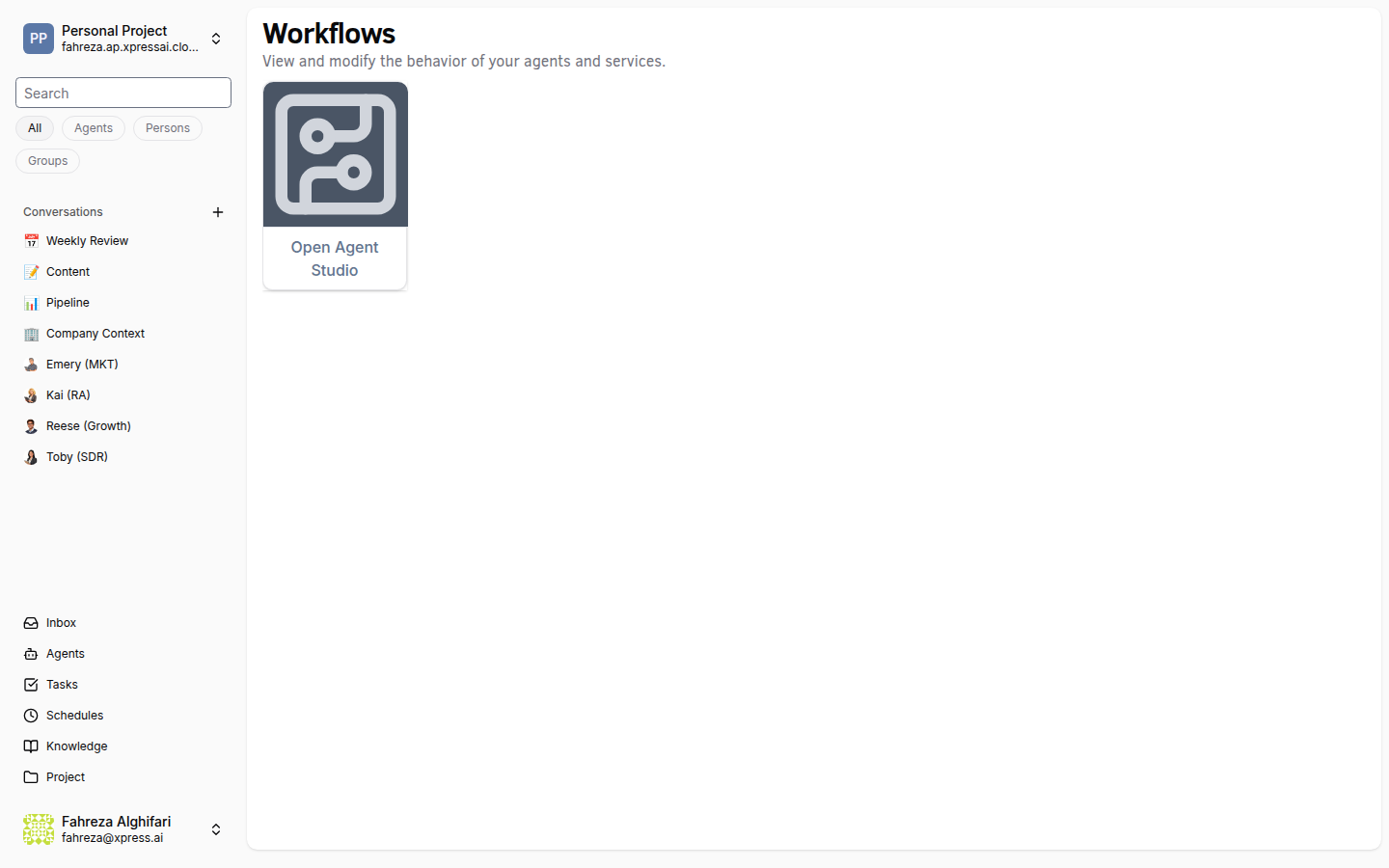 Xircuits page listing visual workflow files with Open Studio entry point