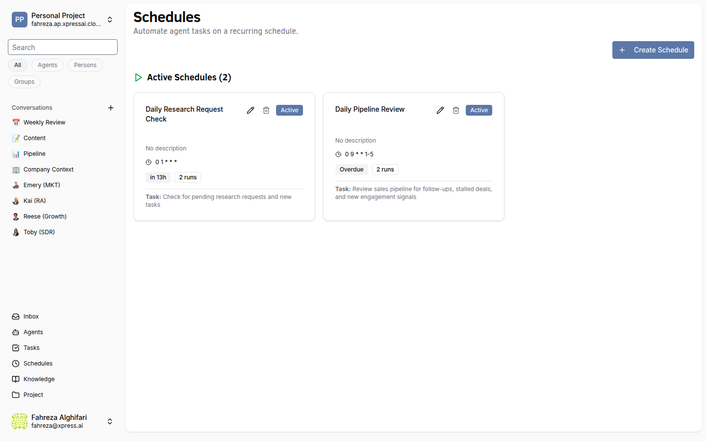 Schedules page showing the list of cron-based jobs