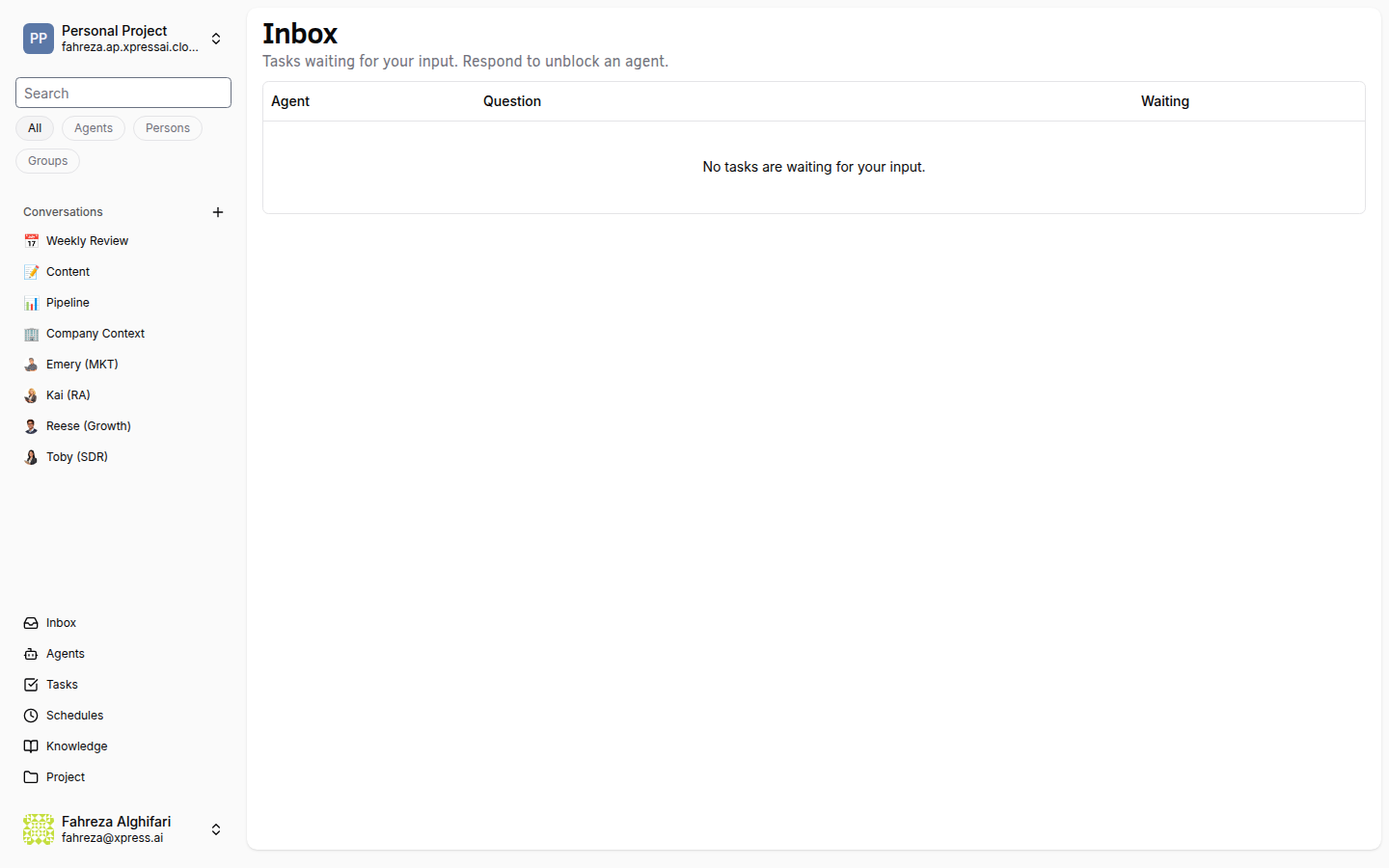 Inbox page listing tasks in Waiting status that need human input