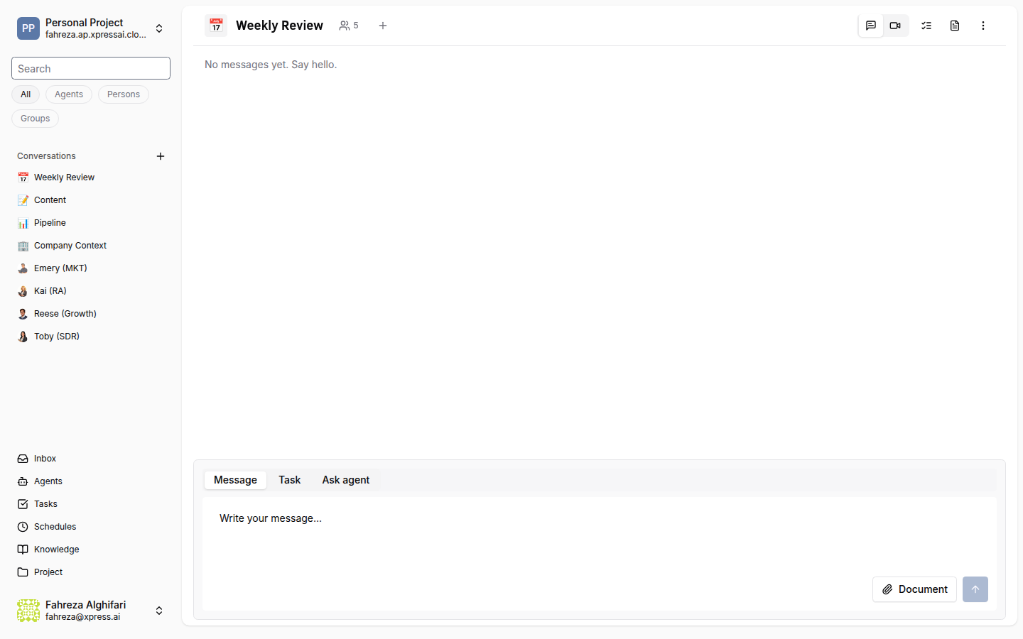 Conversations page with sidebar showing DMs and group channels
