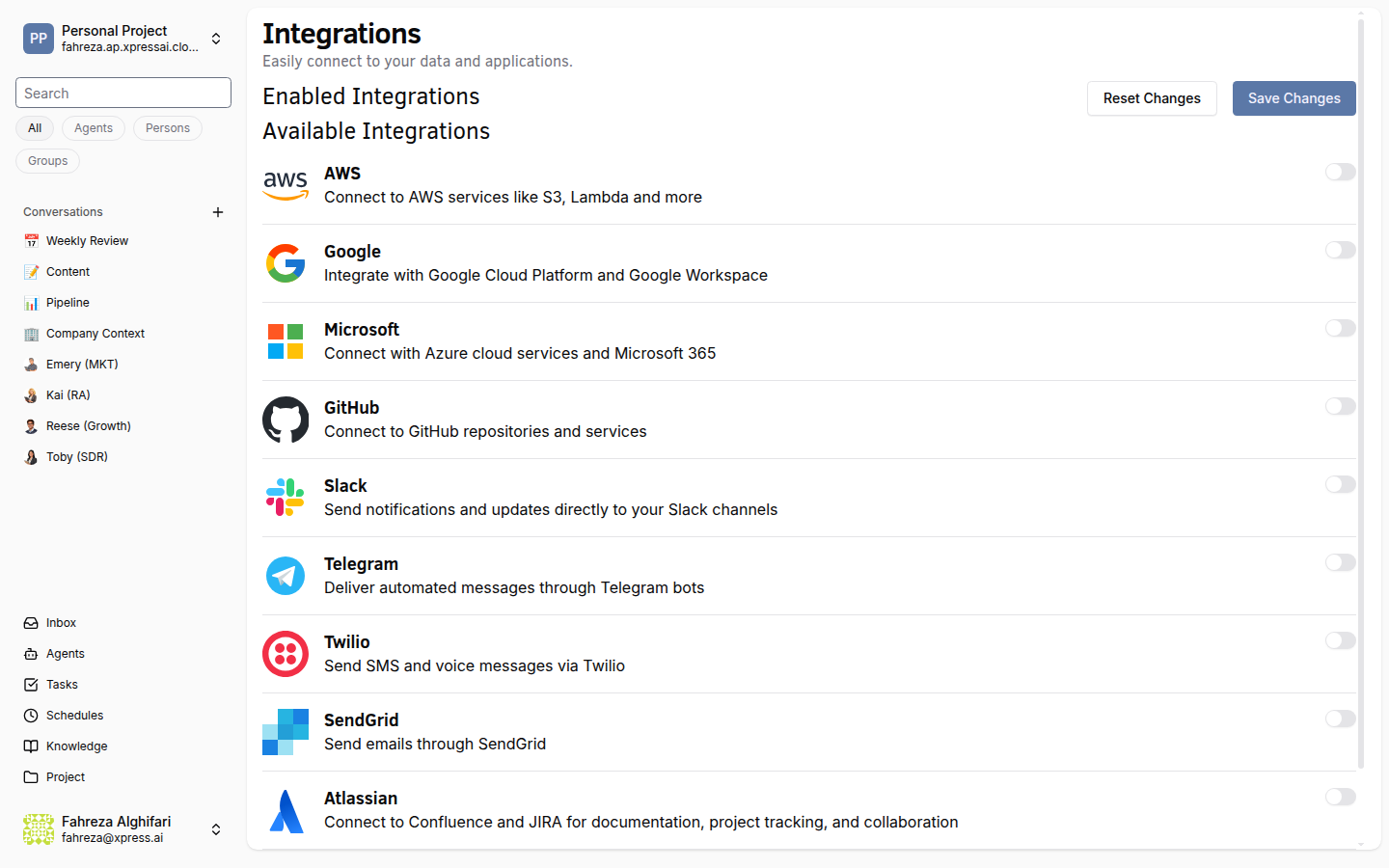 Integrations page showing available third-party service cards