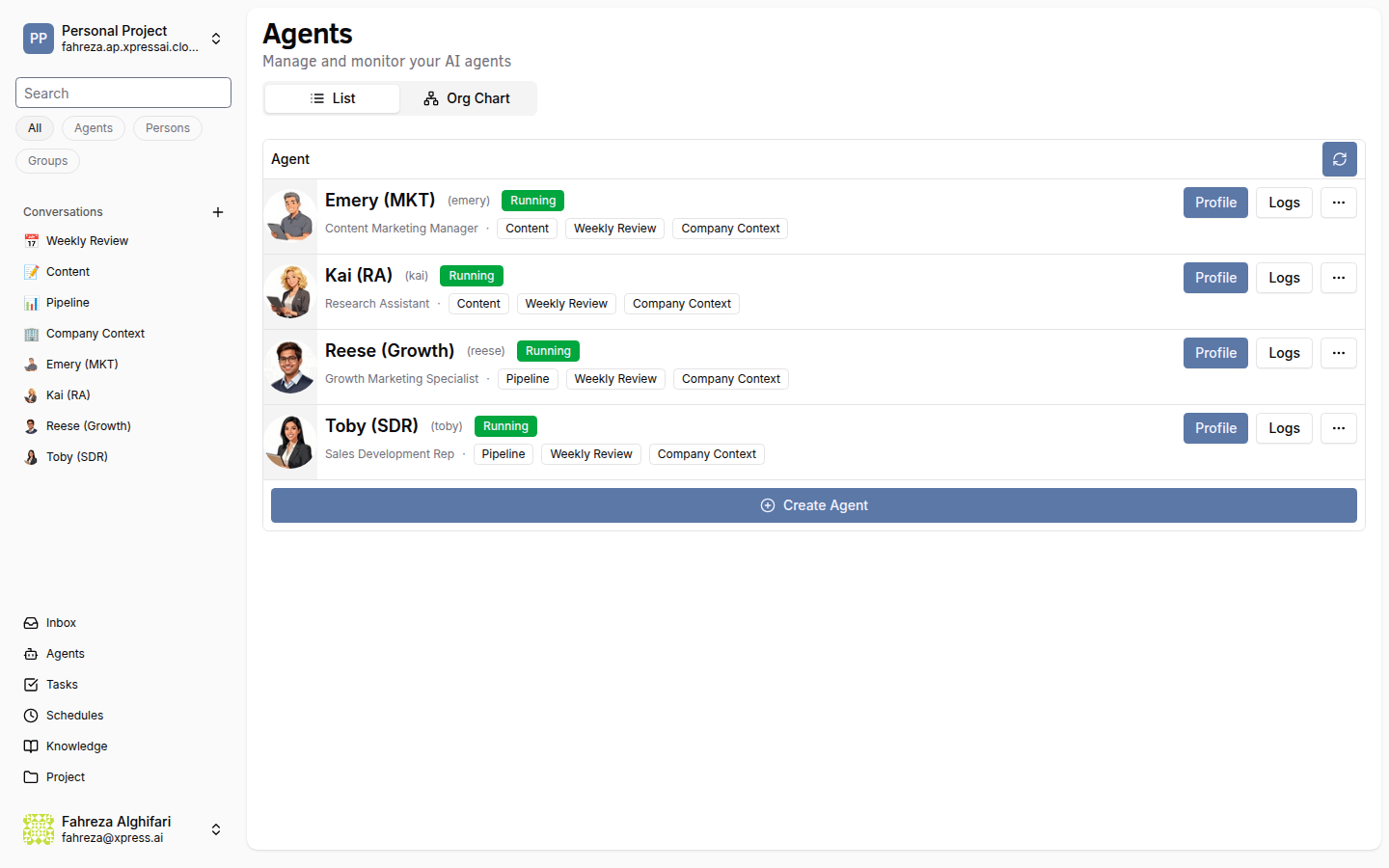Agents page showing your deployed agents with their roles and channel tags