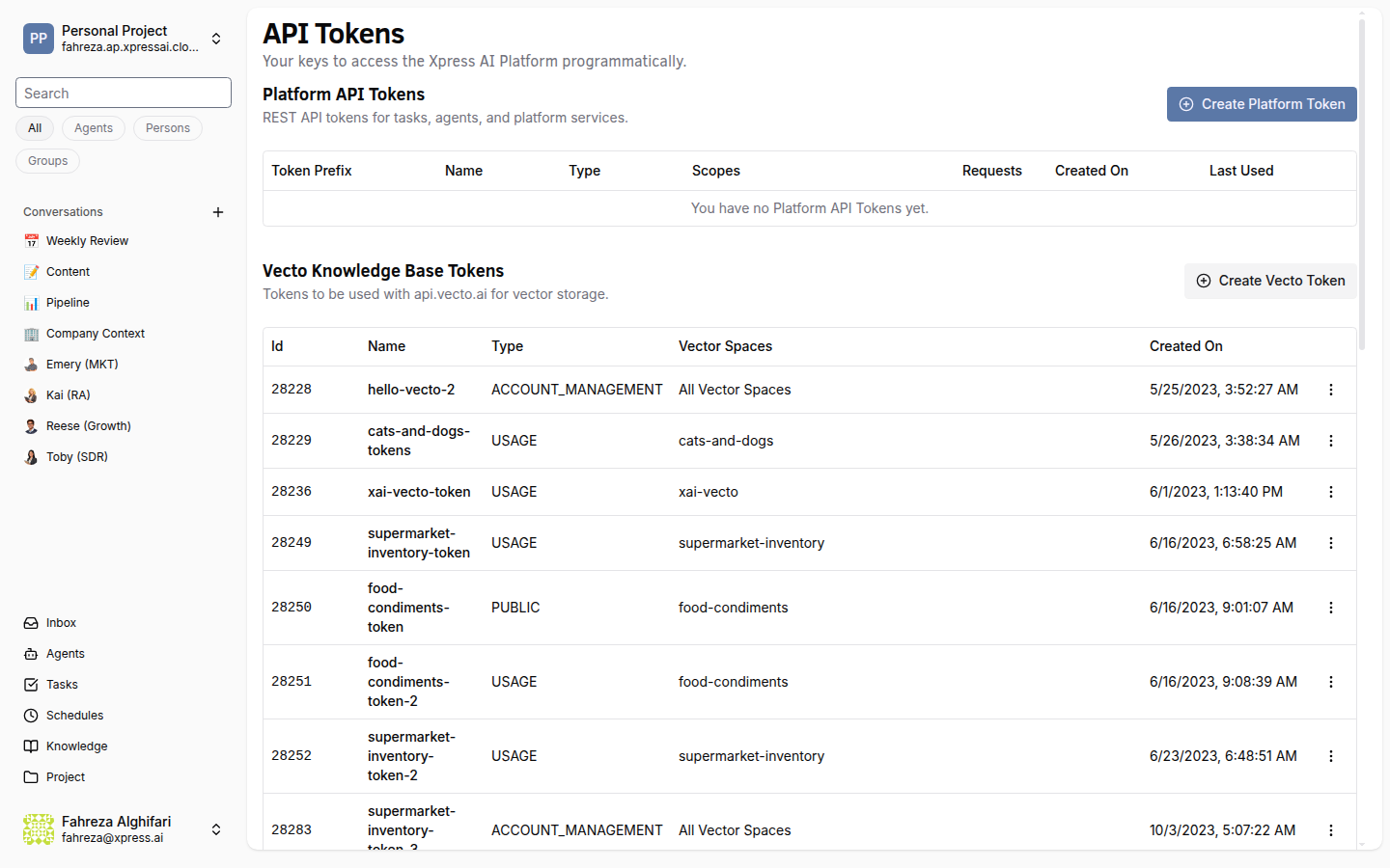 API Tokens page with Platform tokens and Vecto knowledge-base tokens sections