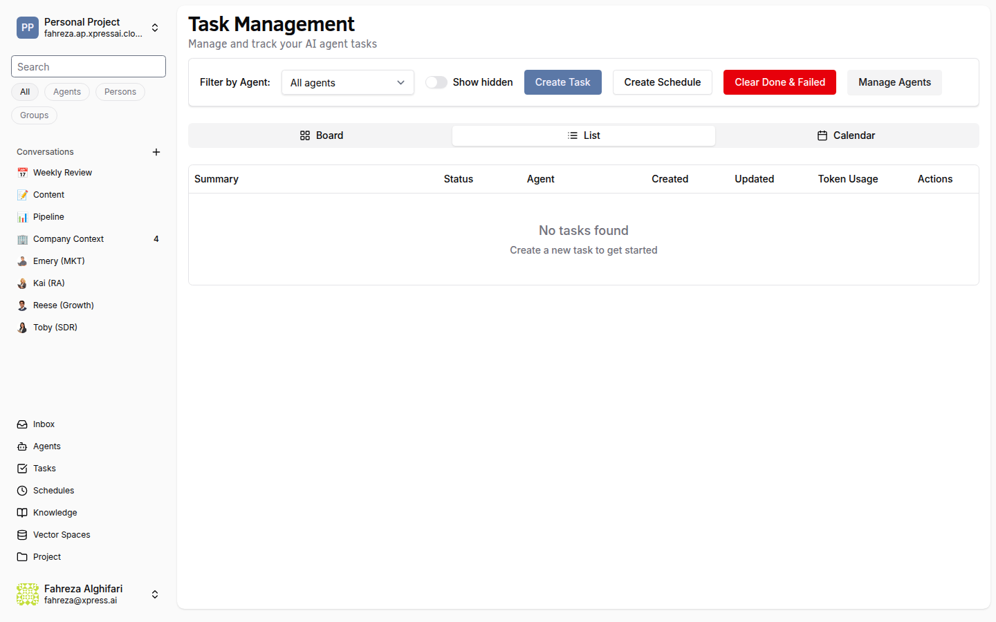 Tasks list view with sortable columns (Summary, Status, Agent, Created, Updated, Token Usage, Actions)