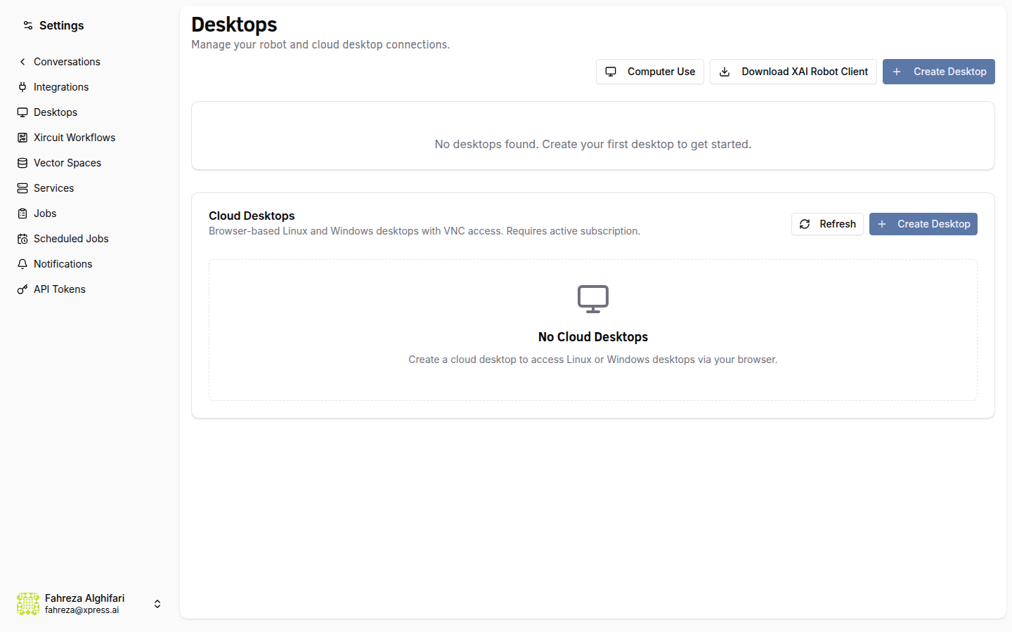 Cloud desktops list page