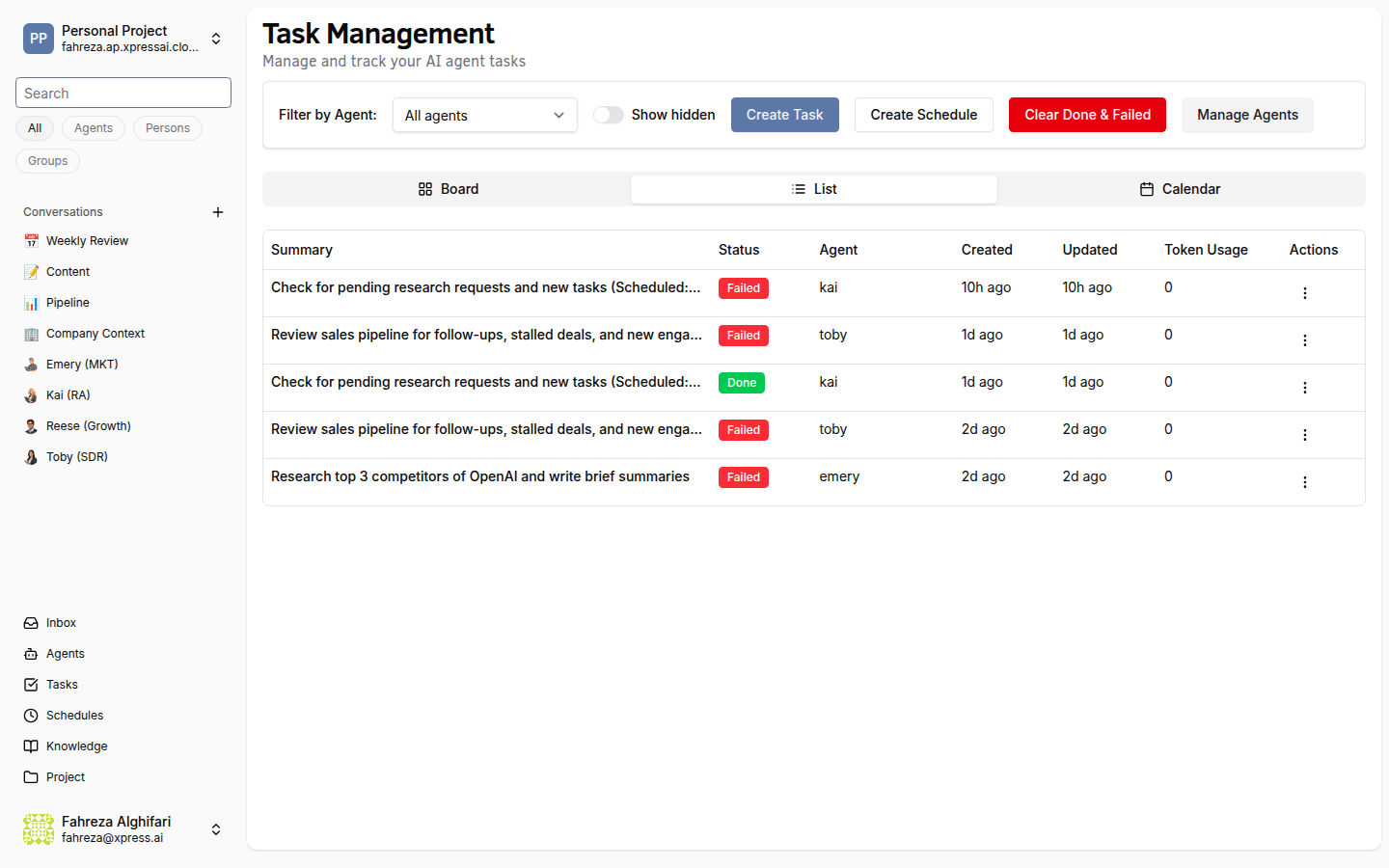 Tasks list view with one row showing Summary, Status, Agent, Created/Updated, Token Usage, and Actions