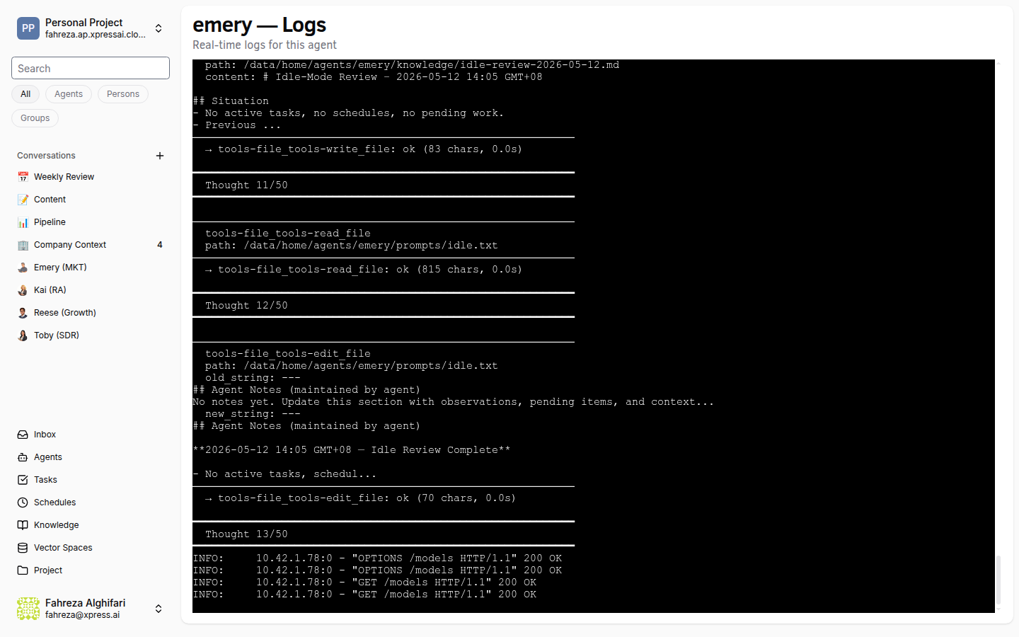 Agent logs view streaming runtime output from the deployed agent service