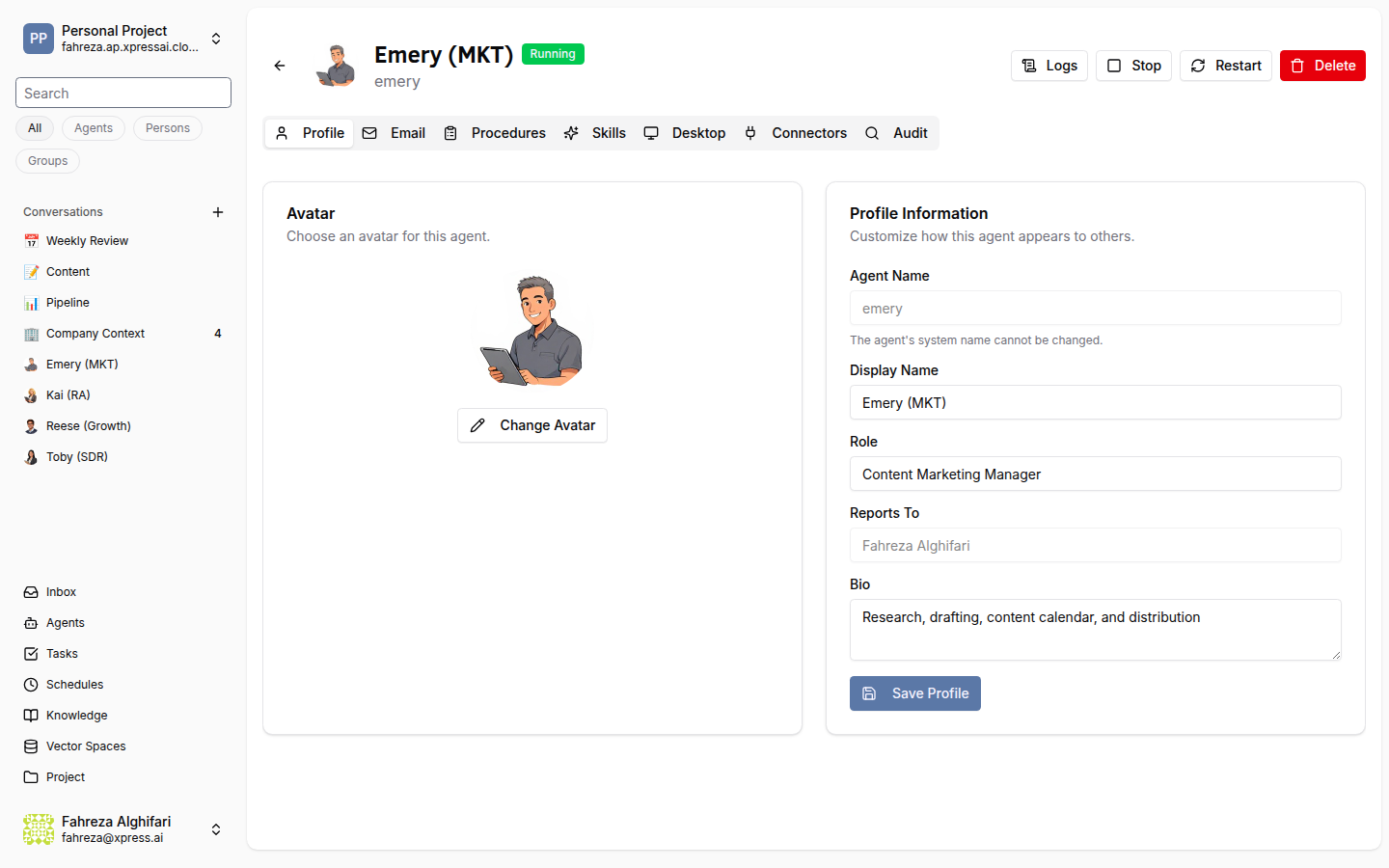 Agent profile page with name, role, system prompt, and configuration tabs