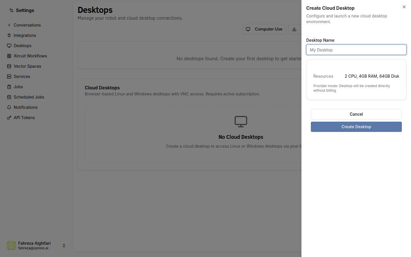 Create Cloud Desktop drawer with name input and resource summary (2 CPU / 4GB RAM / 64GB Disk)