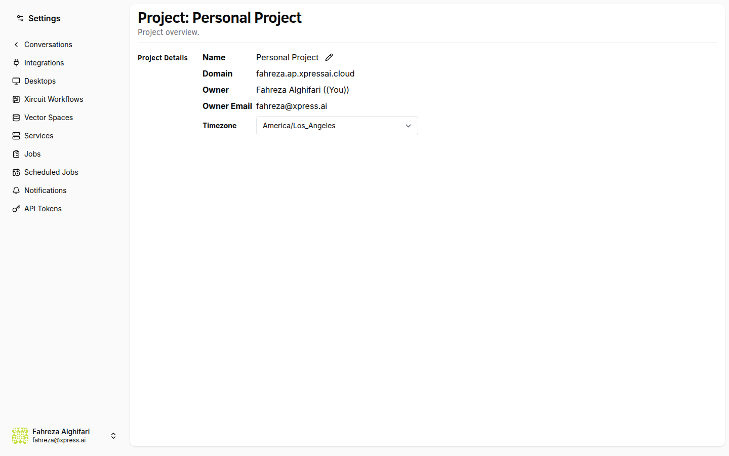 Project settings page with name, timezone, and member management