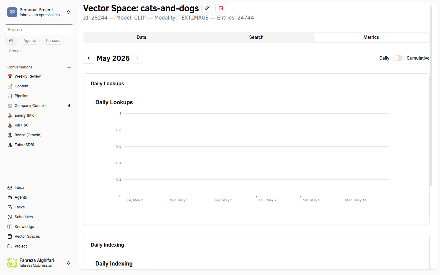 Vector space Metrics tab with daily lookups and indexing charts