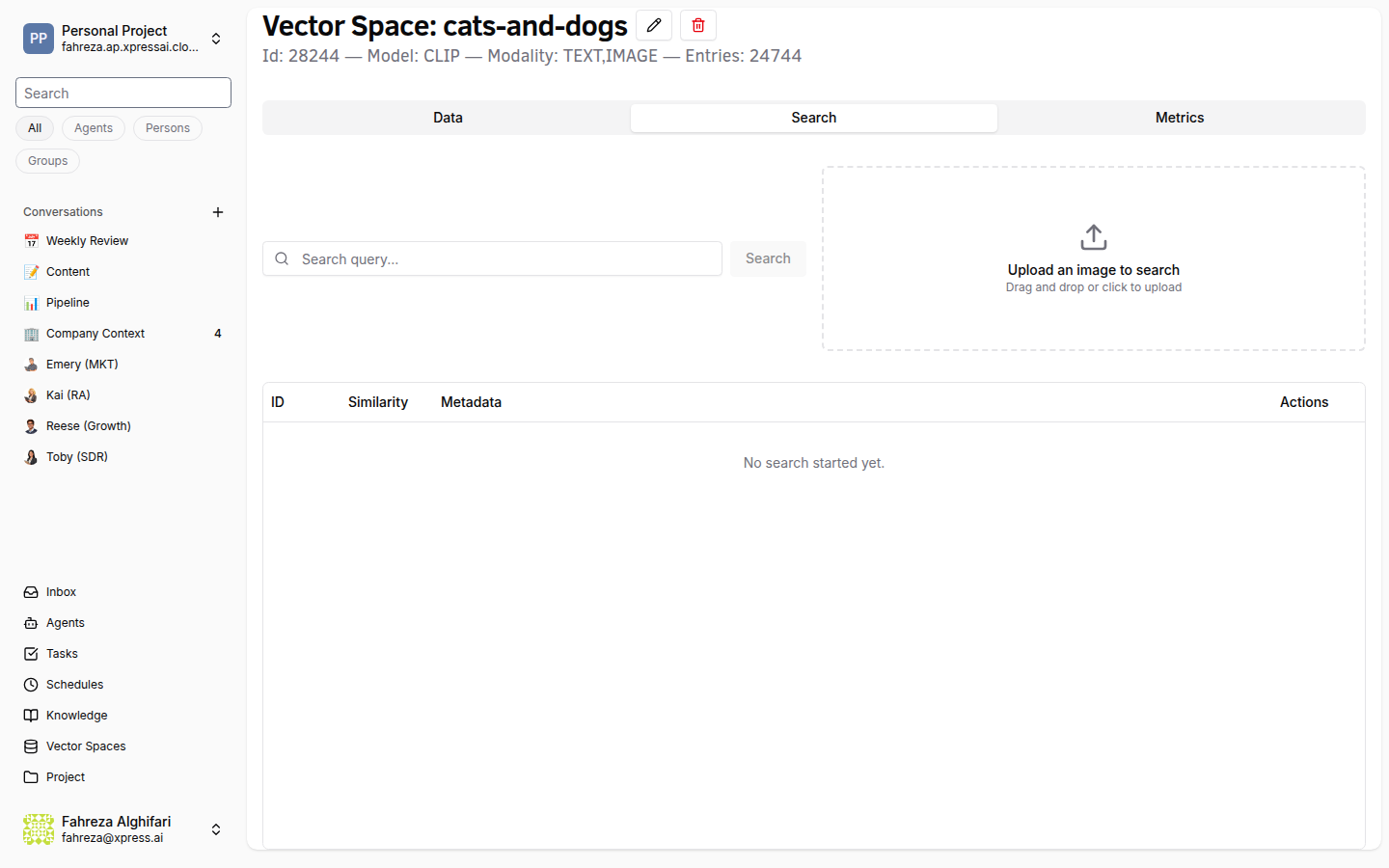 Vector space Search tab with query input, image-upload drop zone, and results table
