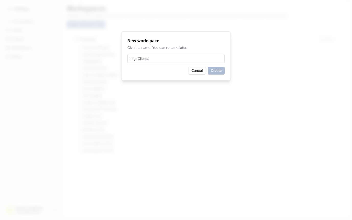 Create workspace form opened from the Workspaces page